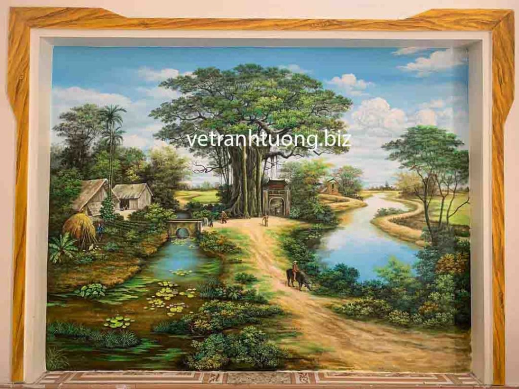 vẽ tranh tường phòng khách phong cảnh đồng quê tại Quảng Ninh